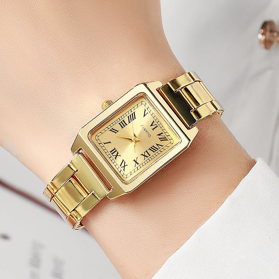 hot-selling small square watch, square women's watch, gold-tone stainless steel band quartz watch, fashionable and elegant watch, manufacturer in-stock wholesale