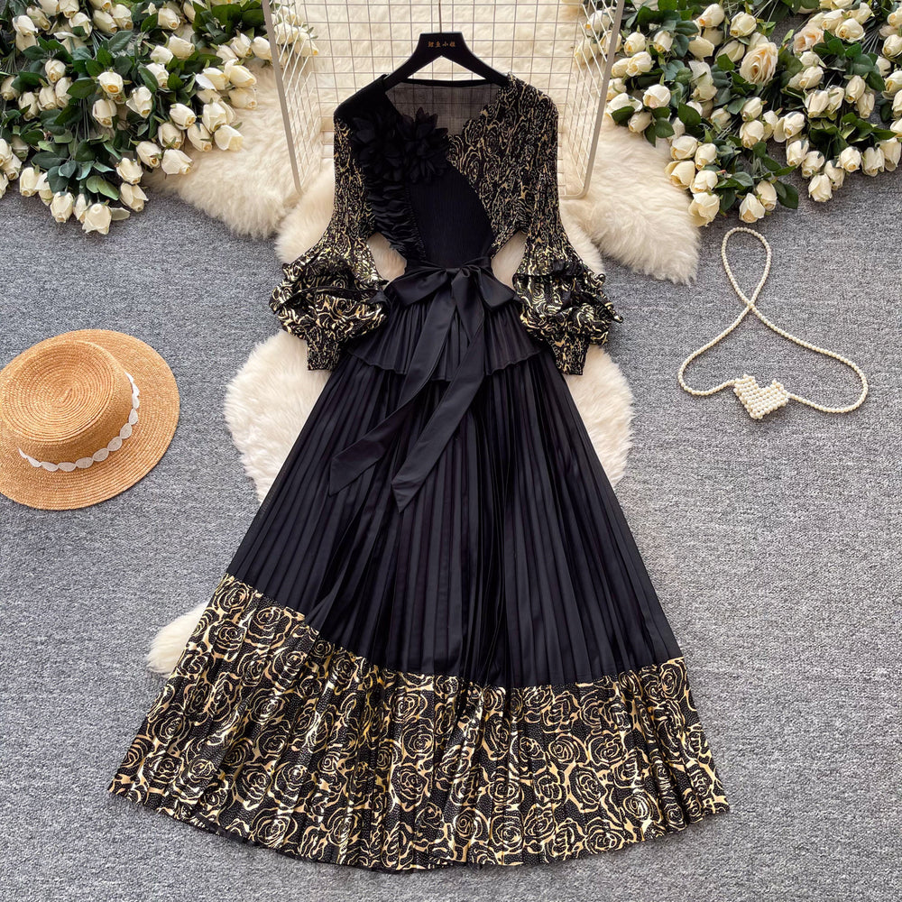 Dopamine yellow lantern sleeve french a-line dress - women's spring v-neck waist-cinching pleated maxi dress - high-end elegant style