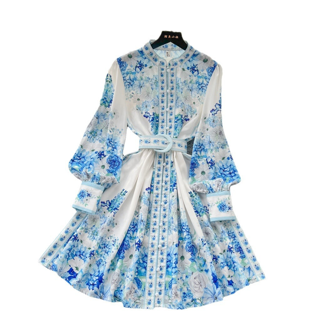 New european and american style women's dress - niche vintage long sleeve stand collar single-breasted cinched waist printed elegant party dress mini skirt