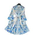 New european and american style women's dress - niche vintage long sleeve stand collar single-breasted cinched waist printed elegant party dress mini skirt