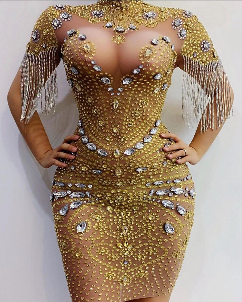 supply elastic mesh hot diamond rhinestone tassel sexy silmcustom performance costume evening dress