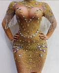 supply elastic mesh hot diamond rhinestone tassel sexy silmcustom performance costume evening dress