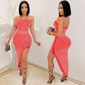 X5046 cross-border   european and american evening dress hot diamond mesh wrapped chest irregular women's dress