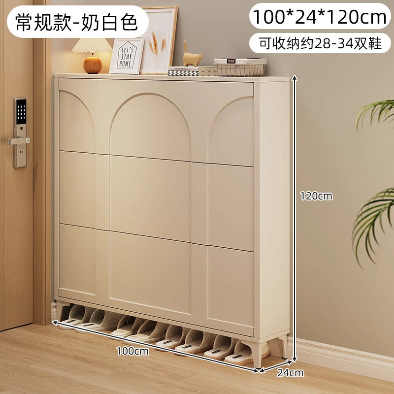 Ultra-thin tipping shoe cabinet cream style for home door small narrow entrance door shoe cabinet space-saving entrance cabinet all-in-one shoe rack