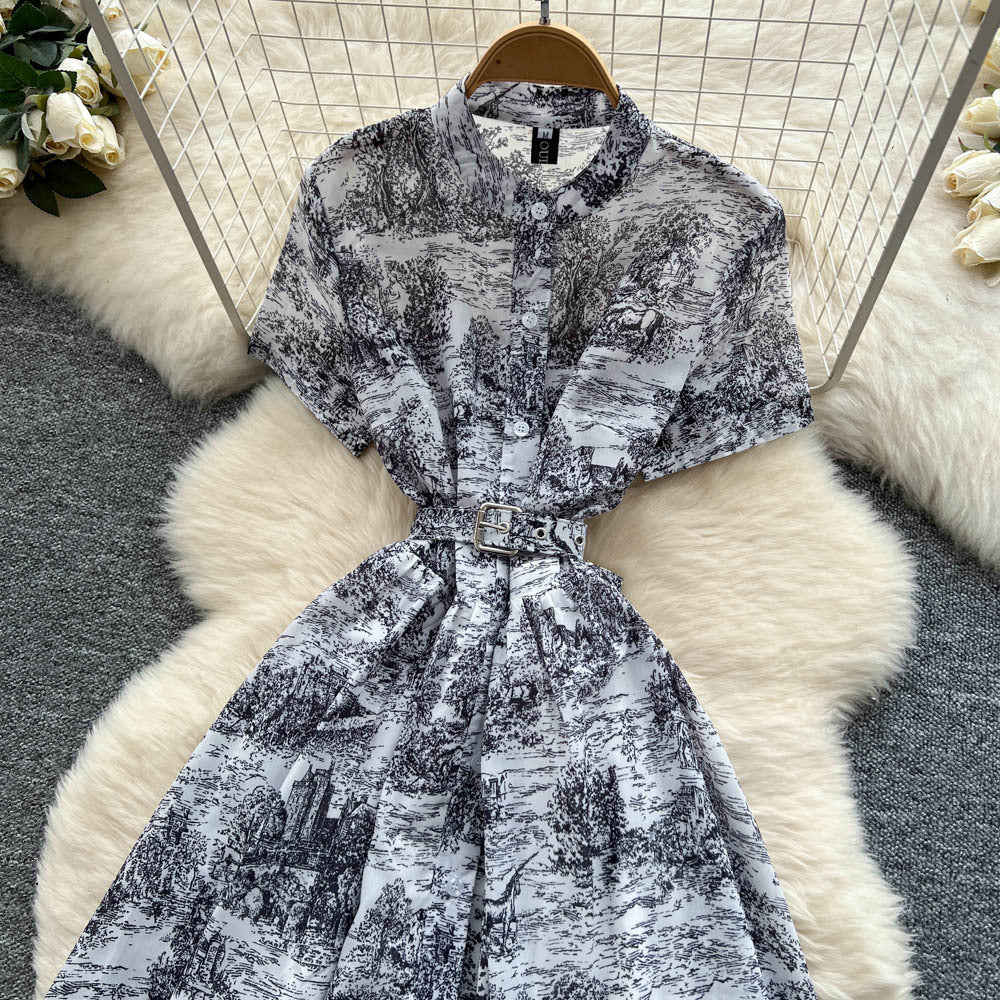 Vintage ink wash painting print short sleeve dress - women's summer stand collar belted slimming design - elegant mid-length dress