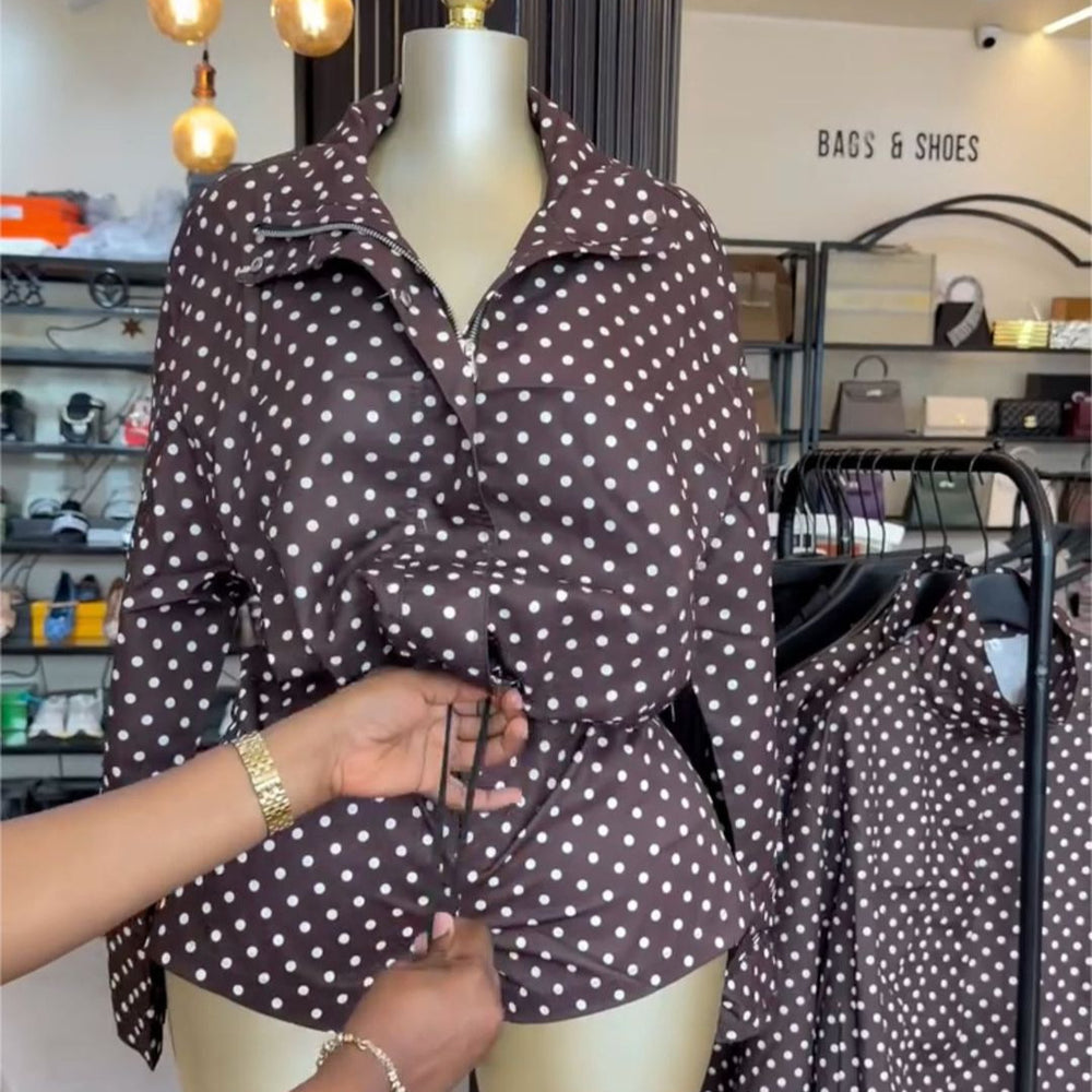 European and american cross-border women's clothing:  summer new collection - chic and sweet polka dot drawstring top and high-waisted shorts set