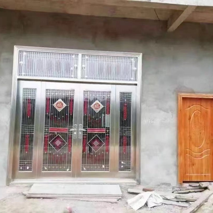 304 stainless steel door self-built house double-open rural glass door for home white steel rose entrance security door
