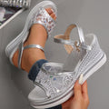 Exportplus sizesummer fish mouth sandals women's wedge heel thick sole one-word buckle mesh rhinestone roman sandals cross-border wholesale