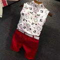 summer new arrival: gentleman's bow tie geometric print sleeveless linen shirt top + distressed shorts set