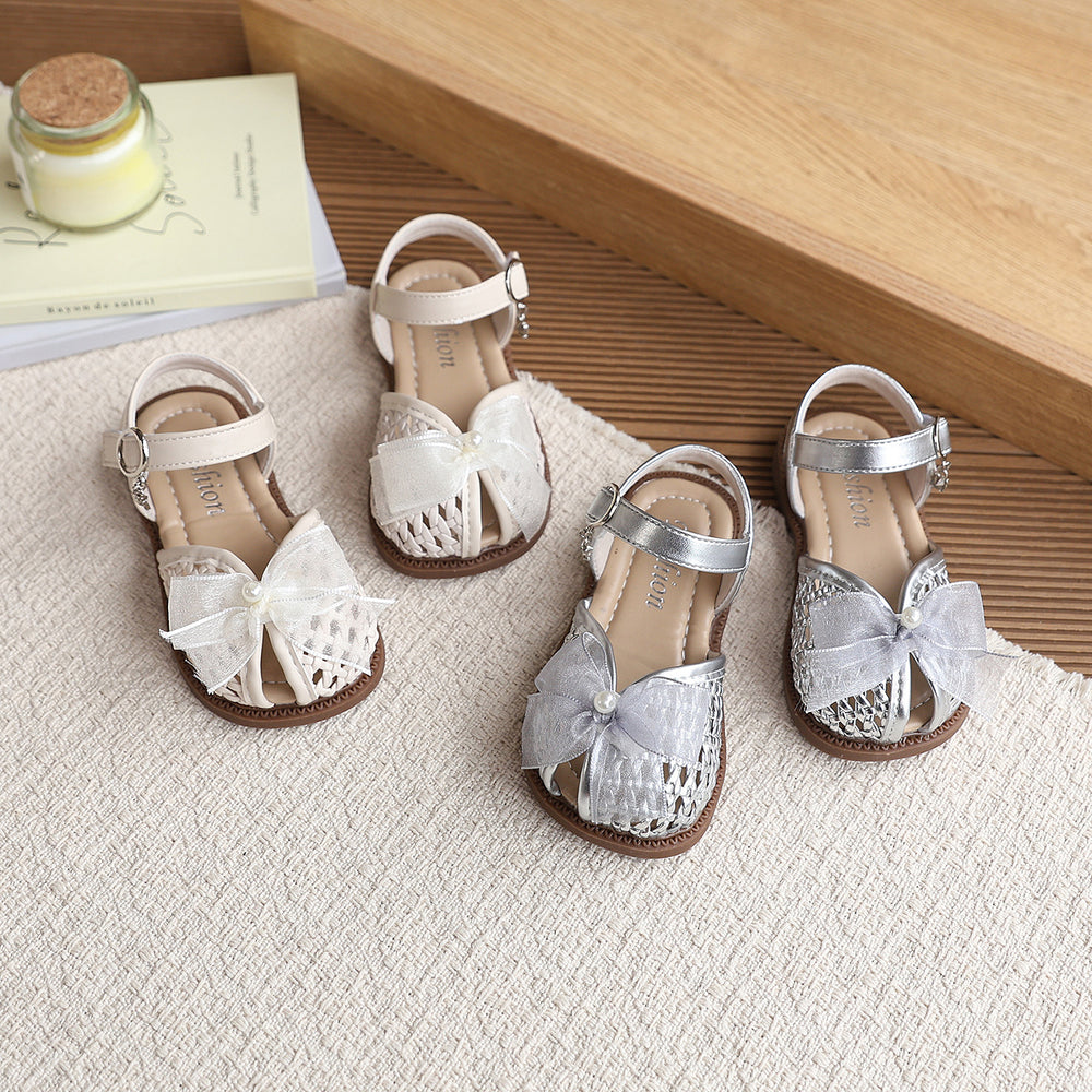 Vancahao kids' woven closed-toe sandals,  summer new korean style bowknot girls' princess beach sandals