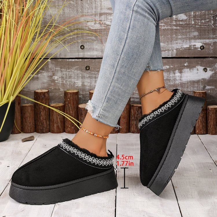 round toe suede rubber snow boots mid-heeled thick solefleece-linedheattech lace fashion cotton slippers for women