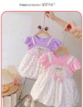 summer girls' cartoon dress - new floral print short-sleeve dress for toddlers and young children (faux two-piece)