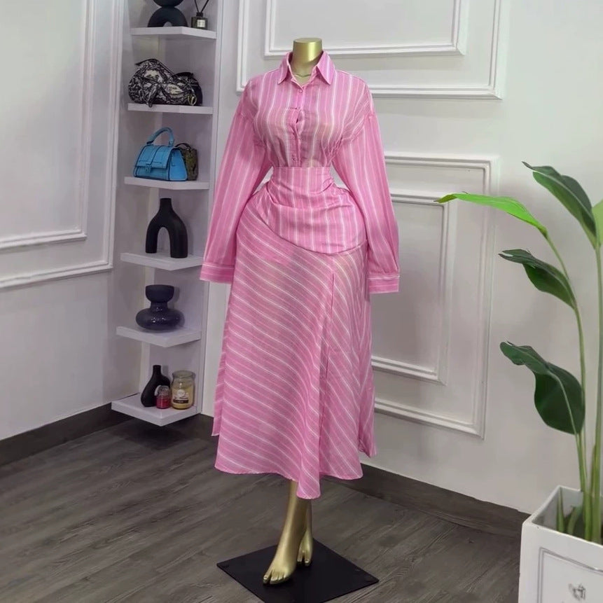 European and american cross-border women's fashion:  summer new collection - stylish striped slim-fit long sleeve blouse and high-waisted midi skirt set