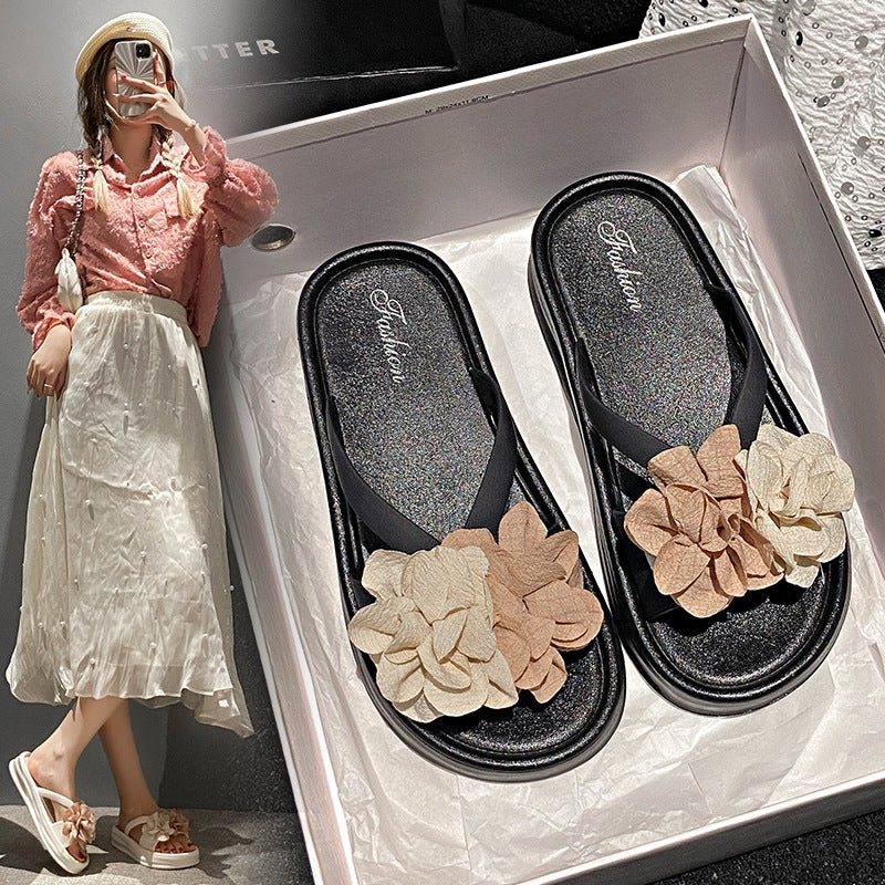 Two-tone floral platform slides - women's new summer collection: versatile, flat, non-slip, fashionable beach sandals for students