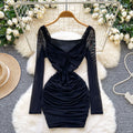Feminine sexyv neck twist long sleeves mesh dress autum pleated waist bag hip hot girl short skirt