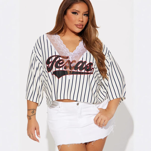 2024 autumn new  European and American printing V-neck loose casual lace splicing short top short sleeve T-shirt women
