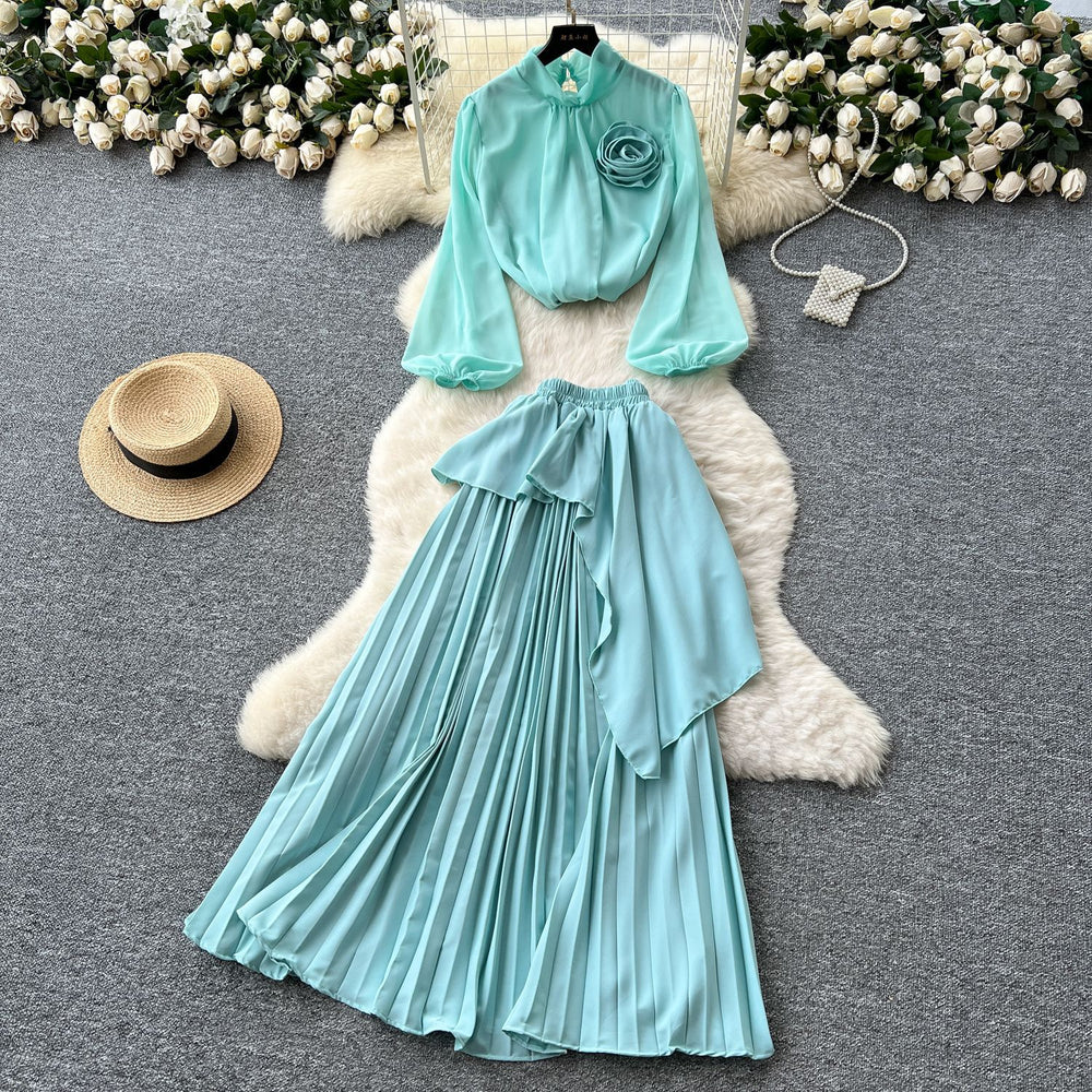 Classy suit women's light mature style elegantstereo flower lantern sleeve chiffon shirt asymmetrical pleated skirt