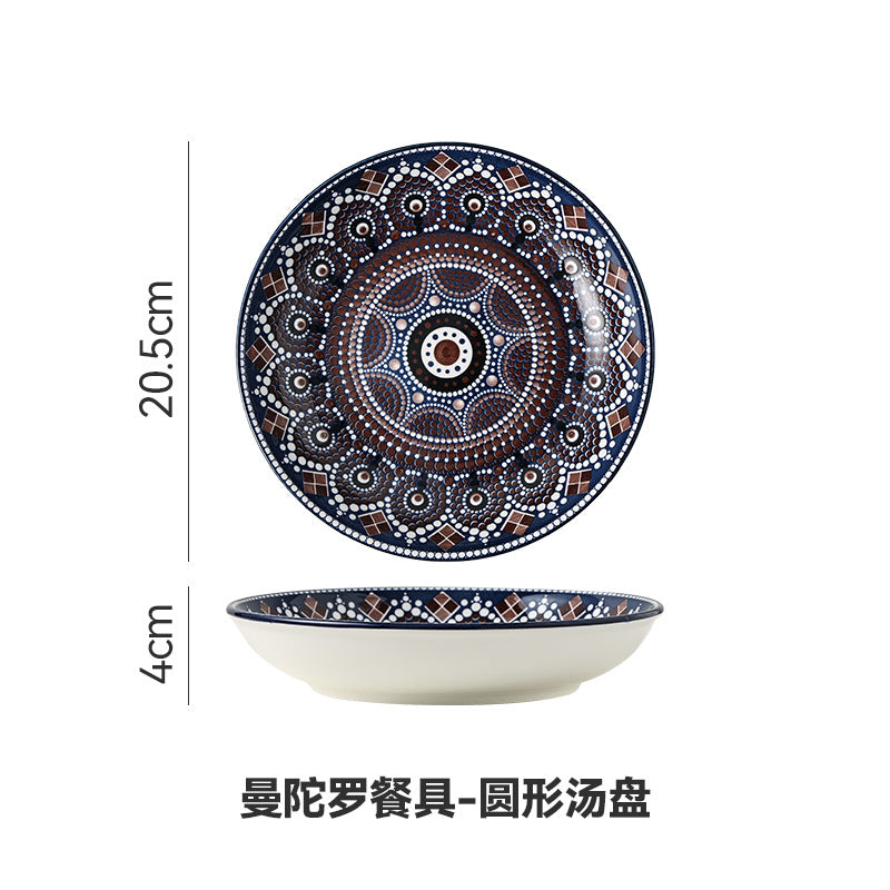 Creative bohemian style bowl and plate set - underglaze color home ceramic tableware - exotic double-handled plate