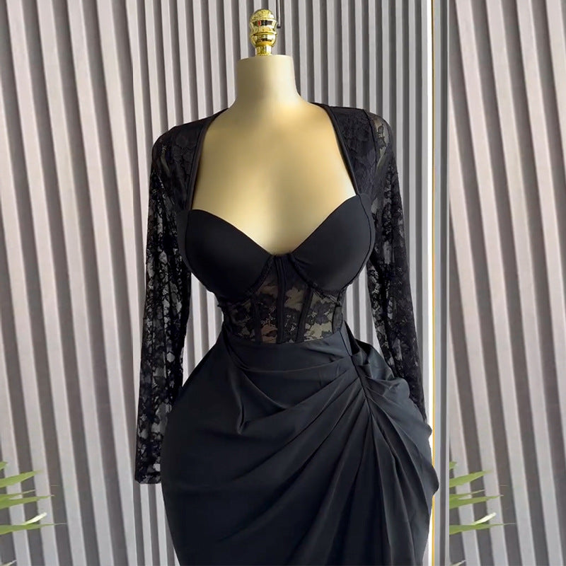 European and american women's clothing  summer new arrival: elegant square neck lace long sleeve high waist slimming midi dress