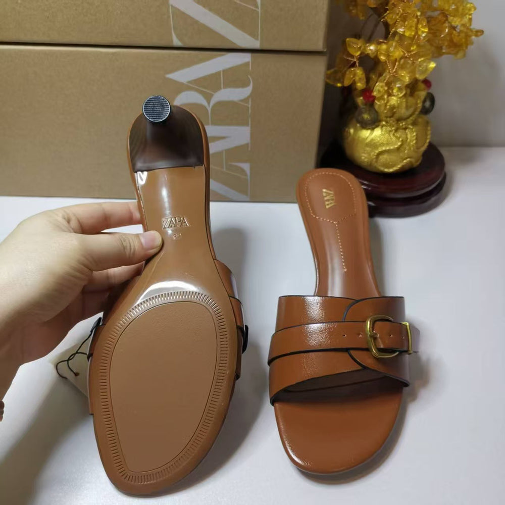 Za one-line casual flat sandals & slippers for women, 2024 summer new korean style fashionable outdoor wear leather buckle beach slides