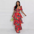 European and american cross-border women's fashion  summer new collection: bandeau u-neck top with printed cinched waist tiered skirt two-piece set
