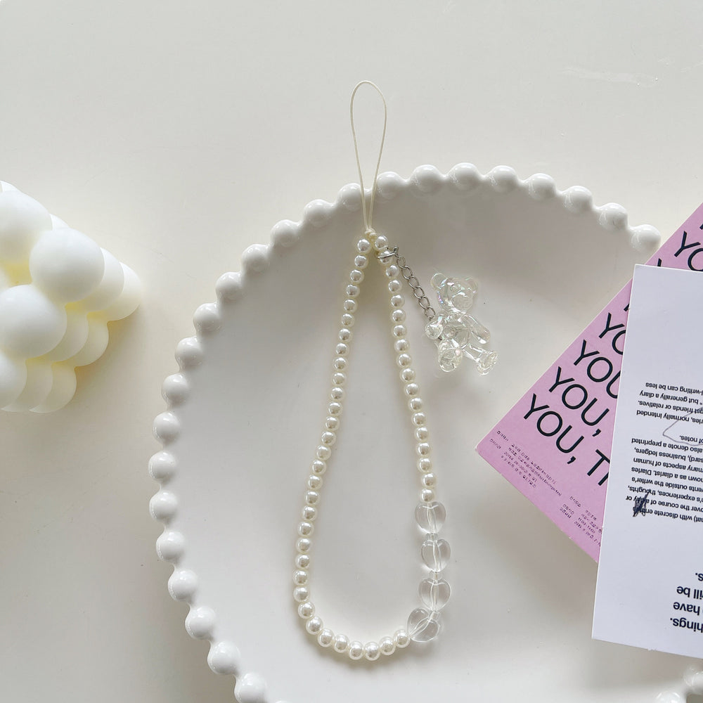 Minimalist pearl white heart bracelet with gauze bow and bear charm - phone lanyard accessory