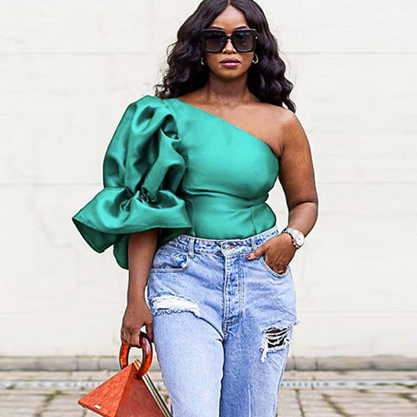 AM211243 sexy slanted shoulder T-shirt off-the-shoulder lantern sleeve temperament versatile women's top Casual shirt