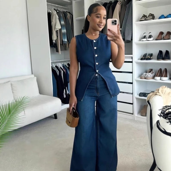 European and American   women's clothing   washed new temperament sleeveless casual denim trousers set