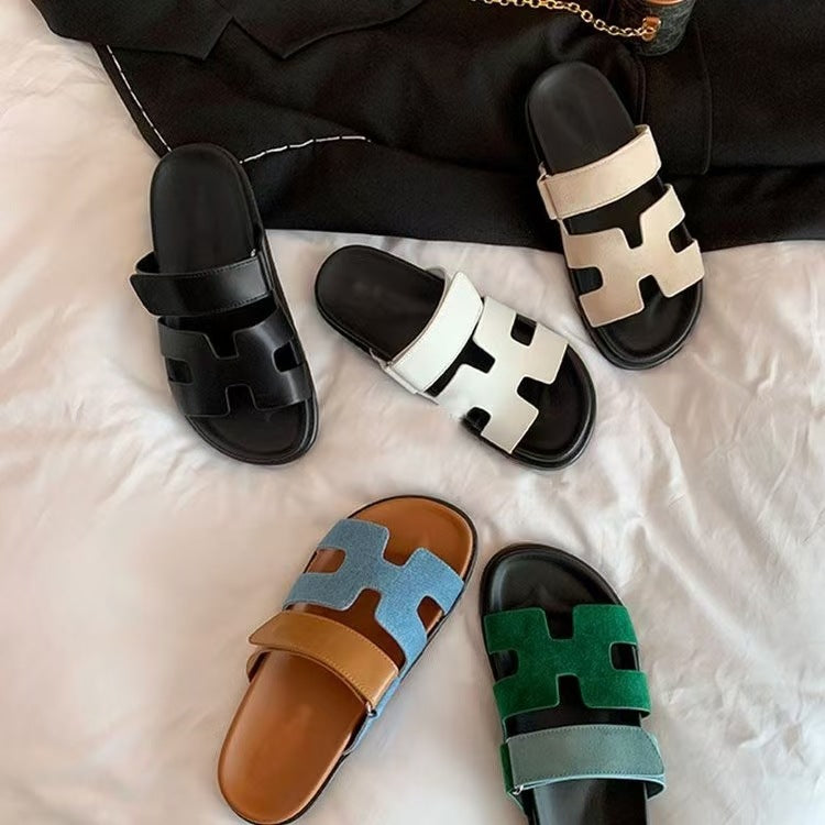 Cross-border second uncle dragging girl thick bottom H slippers 2024 new Velcro  large size fashion slippers wholesale