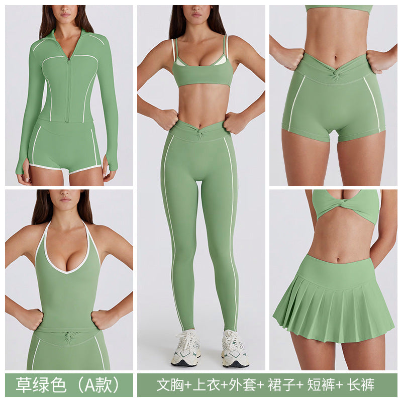 Contrast color bra tops long sleeves short sleeves pants shorts skirts pleated skirts zipper outwear yoga clothes six-piece suit