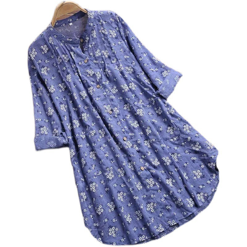 women's new cotton linen floral print mid-length loose fit shirt