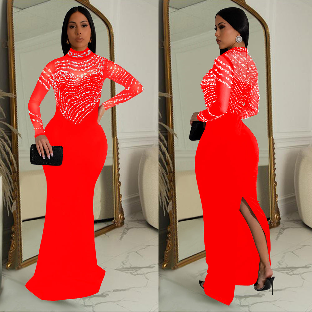 C7043 cross-border   independent station fashionfashion women's solid color hot diamond longdress new