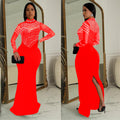 C7043 cross-border   independent station fashionfashion women's solid color hot diamond longdress new