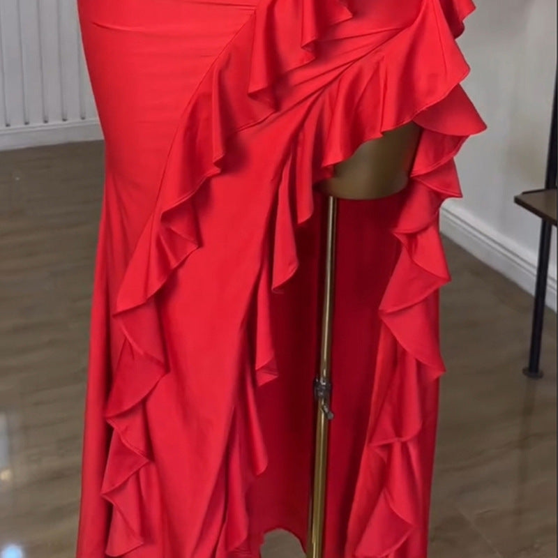 European and american cross-border women's fashion  summer new arrival: elegant v-neck ruffle trim top and asymmetrical midi skirt set