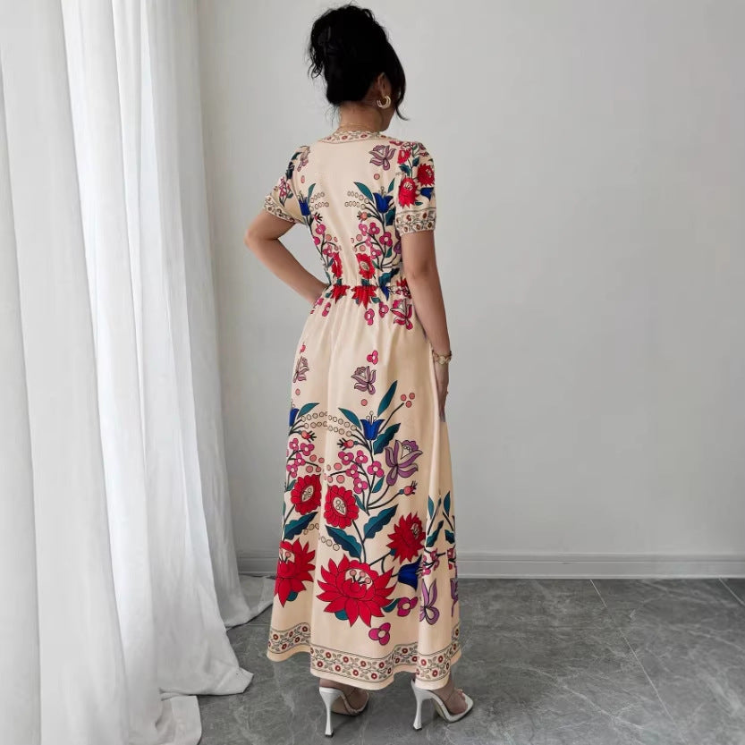 Short-sleeved long skirt fixed printingdress women's summer slimming look suit retro collar palace style waist niche styledress