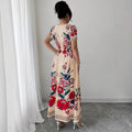 Short-sleeved long skirt fixed printingdress women's summer slimming look suit retro collar palace style waist niche styledress