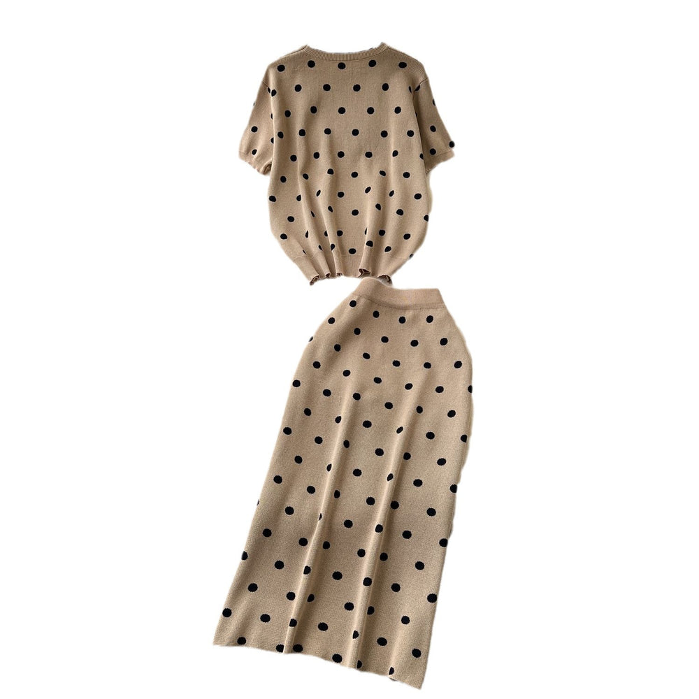 Knitted women's two-piece set:  new arrival, soft & chic style, round neck short sleeve polka dot top with high-waisted slim fit midi skirt