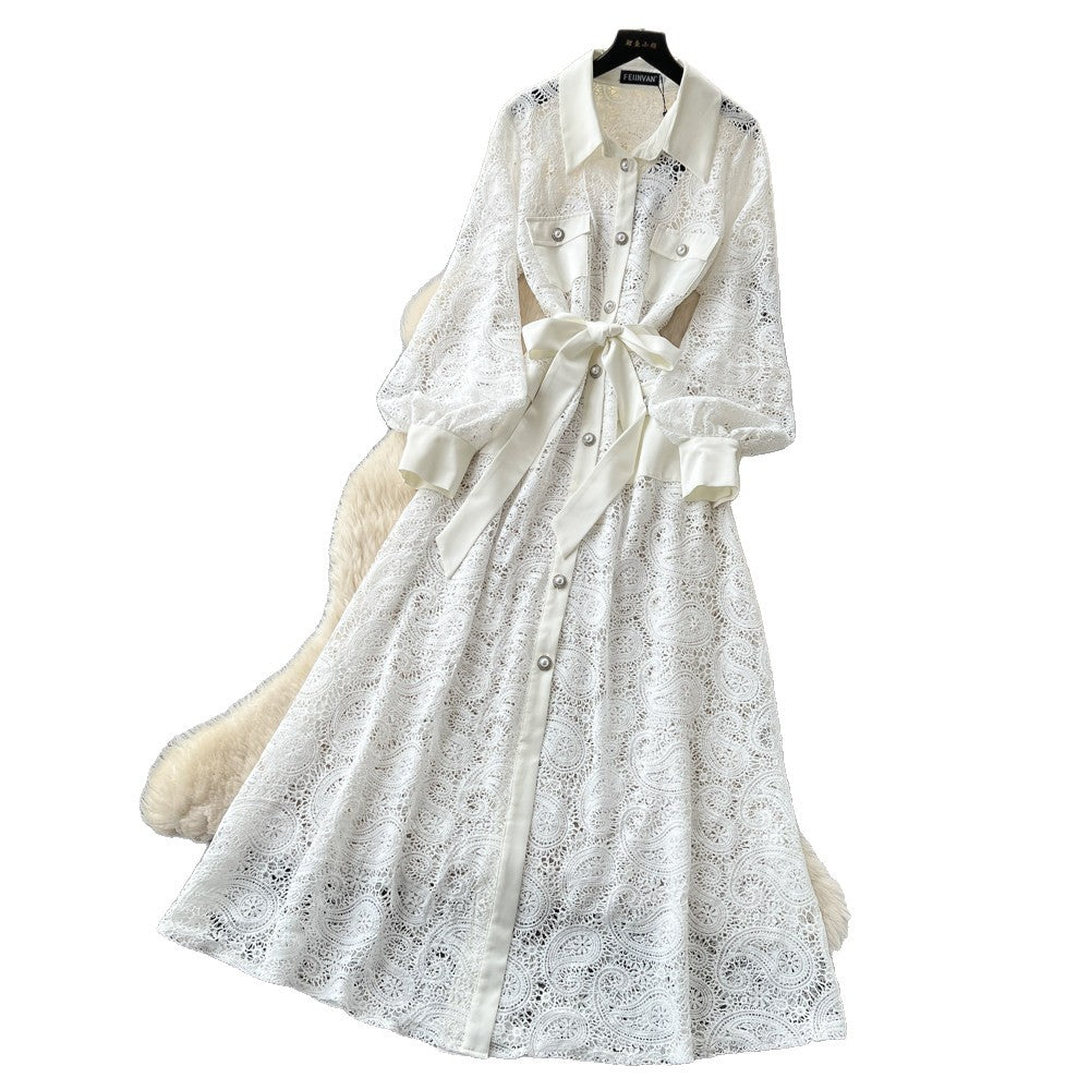 French romantic stand collar lantern sleeve lace dress - women's summer slimming a-line maxi dress - elegant & chic