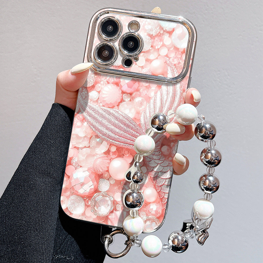 Suitable for iphone16 pink mermaid tail mobile phone case apple 17 girly heart anti-fall electroplated large window soft case
