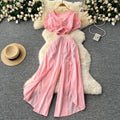 Sense of design scheming pleated v neckshort puff sleeve tops women's two-piece setsummerhigh waist slit loose pants