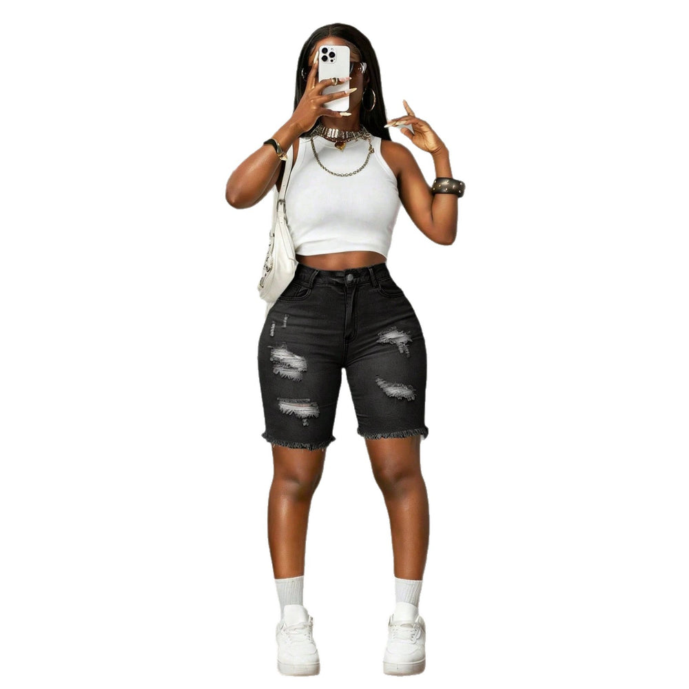 Fashionhigh waist ripped denim pants for women raw edgestraight-leg stretch half length pants silmslimming look hot girl style