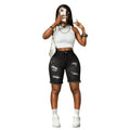 Fashionhigh waist ripped denim pants for women raw edgestraight-leg stretch half length pants silmslimming look hot girl style
