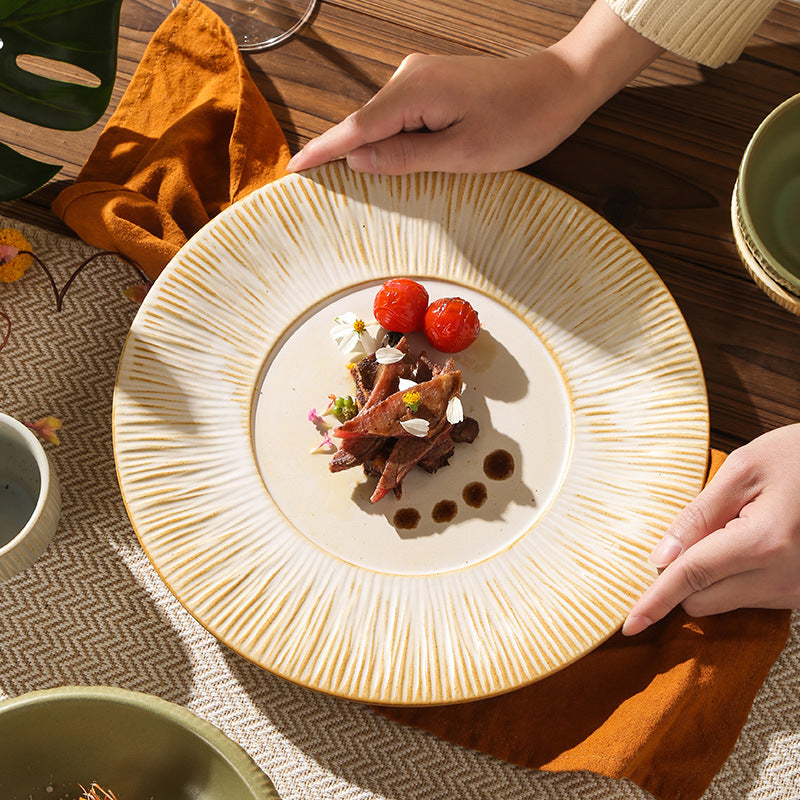 Retro kiln line pattern high-looking tableware restaurant hotel stylish display dessert plate steak plate for home dish plate
