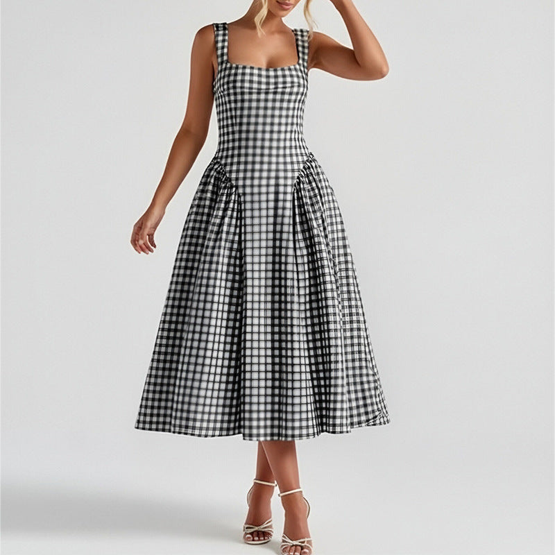 summer new women's clothing: cross-border export, european and american style, fashionable and elegant plaid square neck camisole waist-defining dress