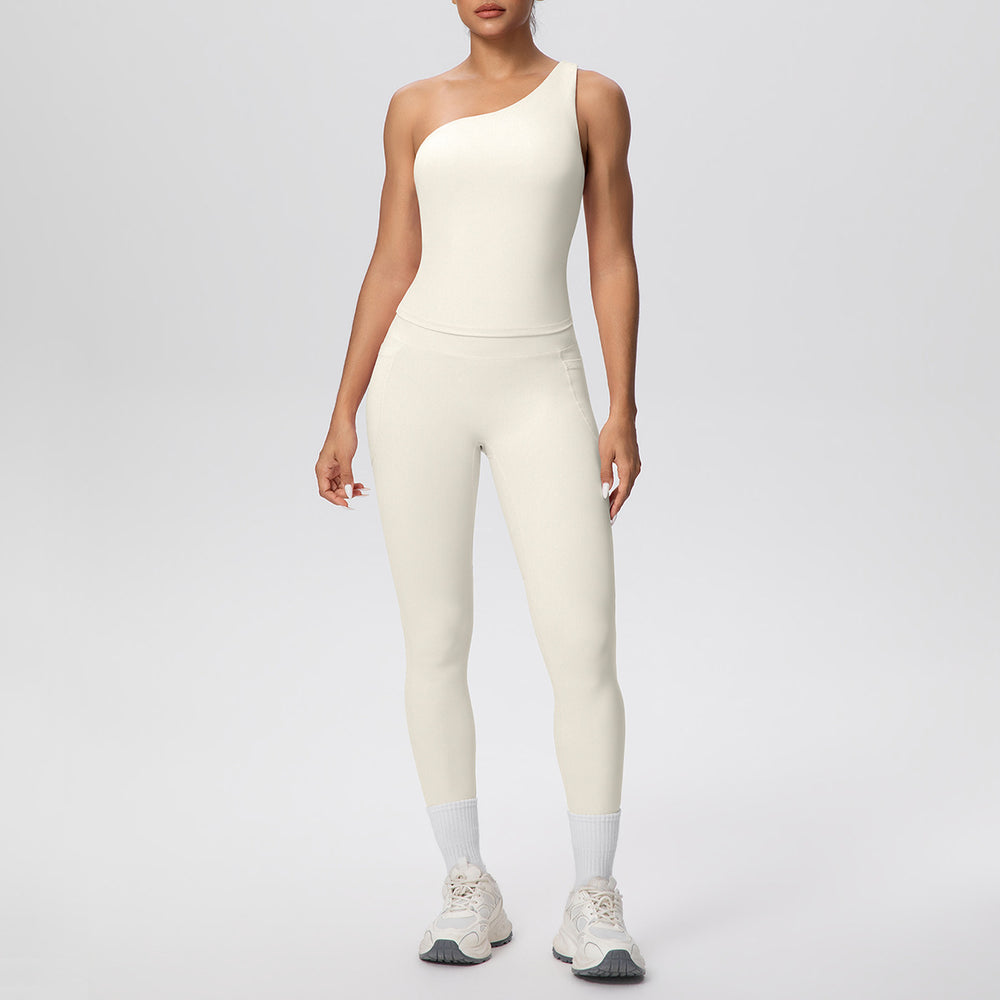 Sexy one-shoulder activewear set: high-waisted, figure-hugging leggings with pockets - perfect for outdoor leisure, running, fitness, and yoga