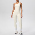 Sexy one-shoulder activewear set: high-waisted, figure-hugging leggings with pockets - perfect for outdoor leisure, running, fitness, and yoga