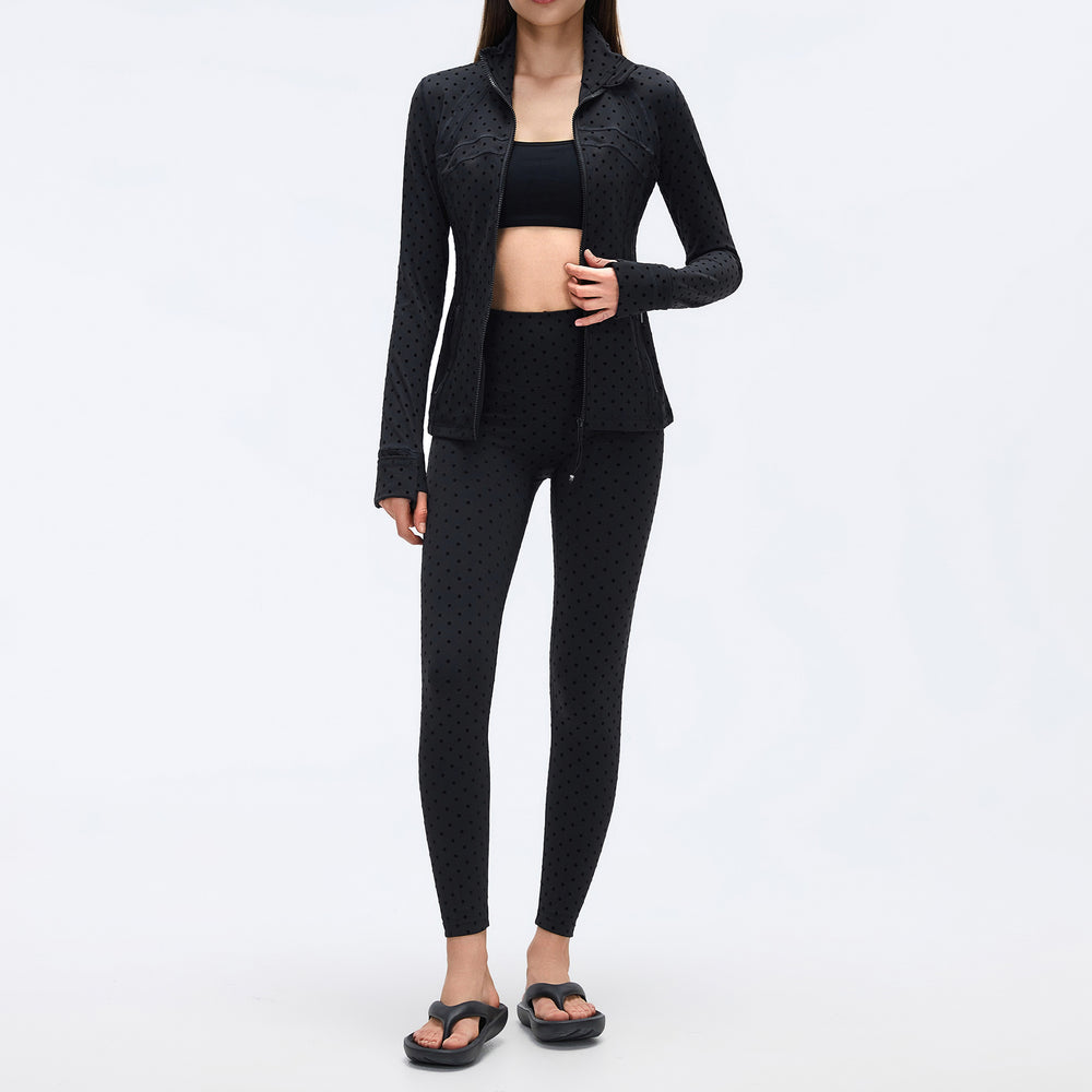 Big brand same style beautiful black polka dot yoga leggings women's stand collar jacket outwear silmslimming look sports suit