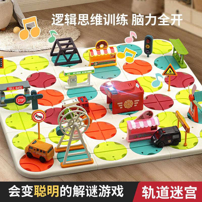 diy track car maze challenge game - children's thinking training track building sound & light electric vehicle toy