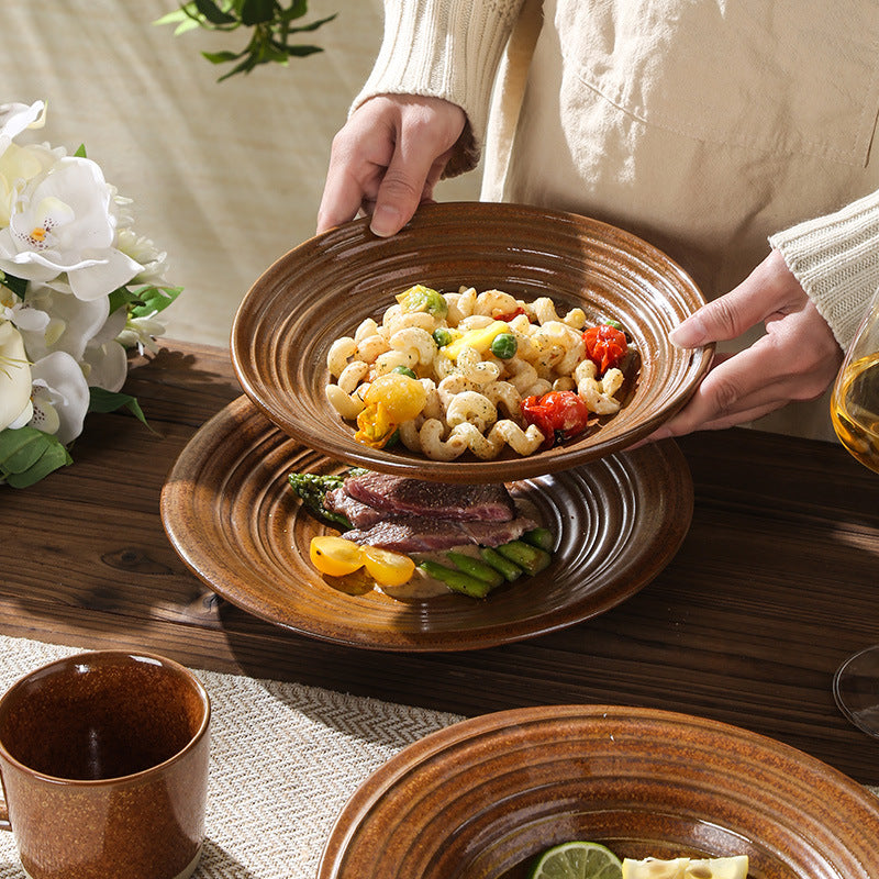 Vintage chic ceramic dinnerware - restaurant & hotel grade, unique ribbed design, steak & western cuisine plates, high-style deep dishes for home use