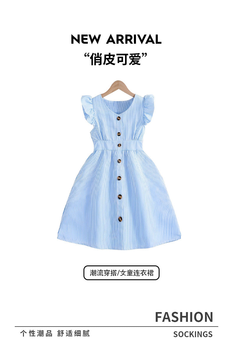 Summer girls' flutter sleeve pinstripe dress - blue & white single-breasted button-down french style a-line sundress